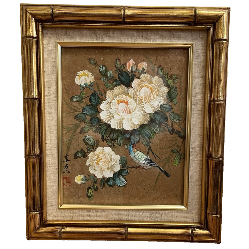 Vtg Asian Print Birds Flowers Floral Watercolor Faux Bamboo Frame Signed READ